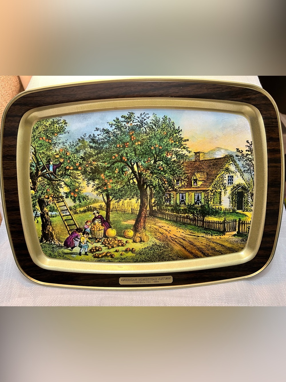 Vintage-Style Currier & Ives Autumn Orchard  Metal Serving Tray Mint condition